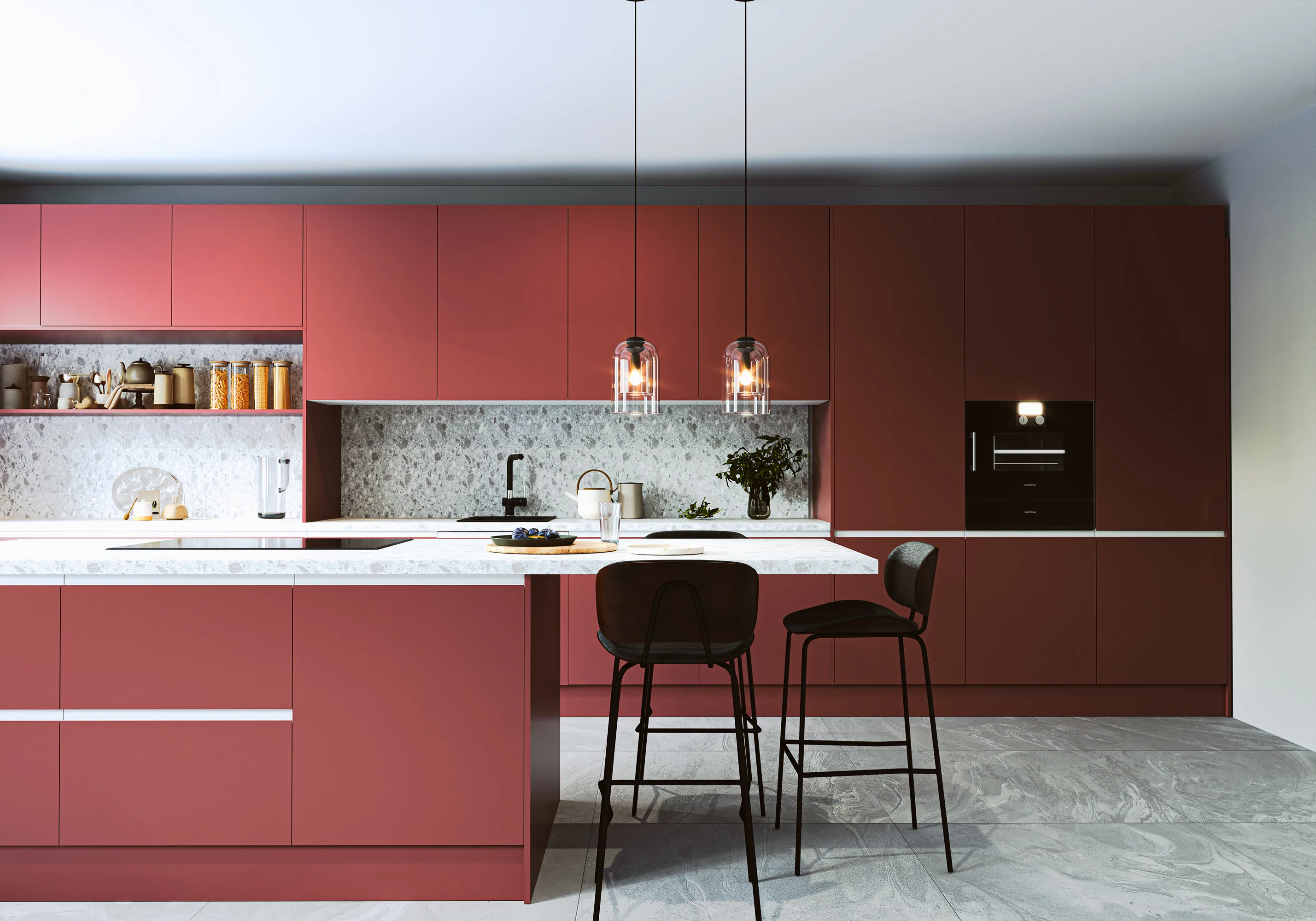 Cocina color grosella con isla
